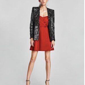 Zara Red Satin Dress With Exposed Shoulder